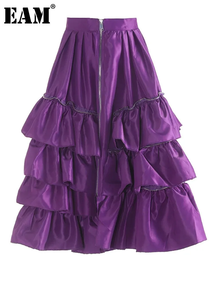 

[EAM] High Waist Purple Ruffles Layers Spliced Elegant Cake Half-body Skirt Women Fashion Tide New Spring Autumn 2024 1DH6981