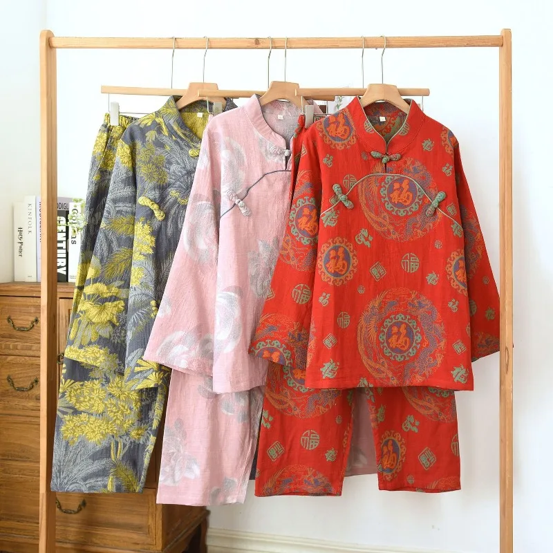 Women's Cotton Two-Piece Home Wear Set, Traditional Knot Buttons, Vintage Floral Print, Relaxed Fit Breathable Loungewear