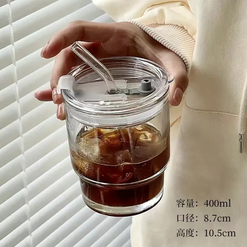 400/450ml Coffee Mug Simple Stripe Glass Cup With Lid and Straw Transparent Bubble Tea Cup Juice Milk Mocha Cups Breakfast Mug