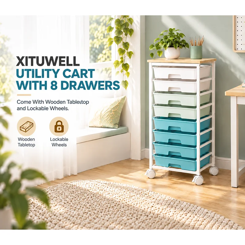 8 Drawer Storage Trolley on Wheels, Slim Organizer with Pastel Green and Blue Drawers, Wooden Top for Bedroom Makeup and Toys