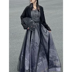 2023 Summer Improved Chinese Traditional Black Printed Hanfu Dress Two Piece Set Women Gothic Modern Halloween Cosplay Costume