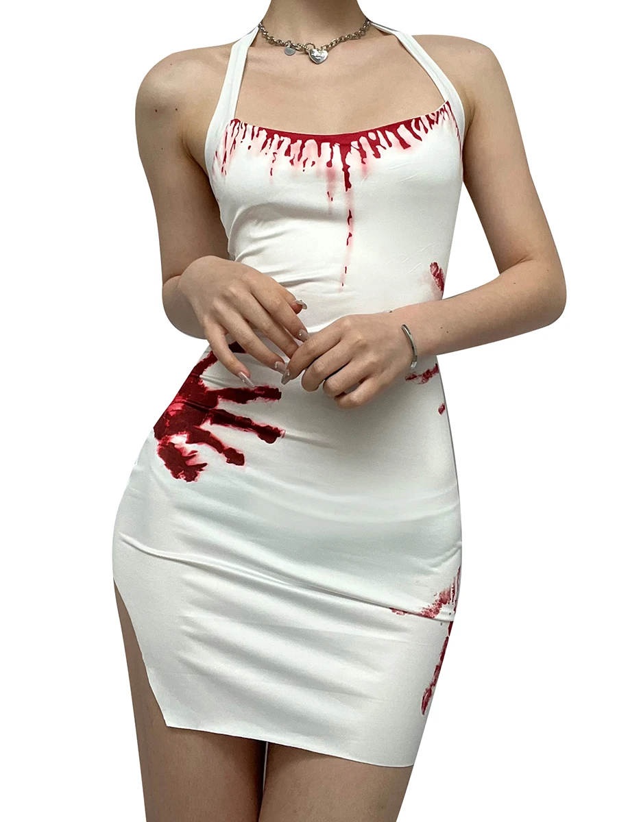 

Women Halter Neck Dress Blood Handprint Print Summer Backless Split Party Mini Dress for Cocktail Beach Club Streetwear