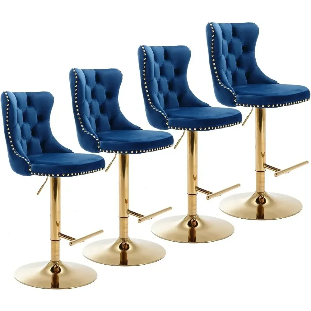 

Swivel Bar Stool Set of 4, Adjustable Counter Height, with Nailhead Trim, Button Tufted Back and Silver Footstool