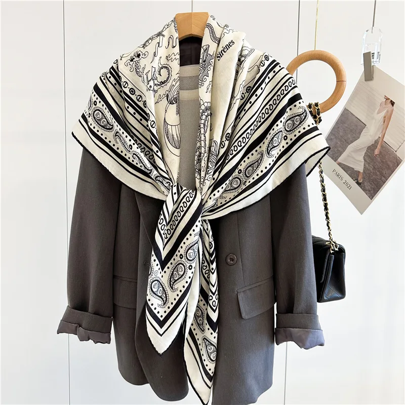 Luxury Wool Scarves Wraps Womens Large Square Wool Blanket Scarf Shawl Echarpe for Autumn Winter 132x132CM