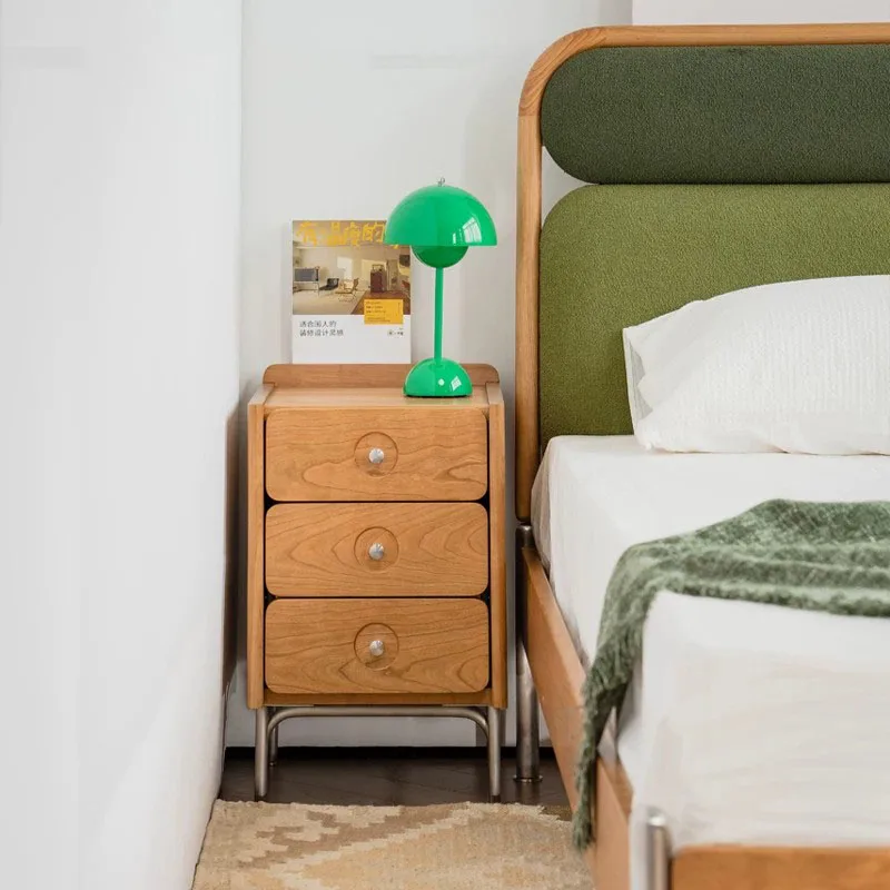 Retro Narrow Solid Wood Nightstand with 3 Drawers Modern Minimalist Side Cabinet Compact Bedside Table Small Bedroom Spaces