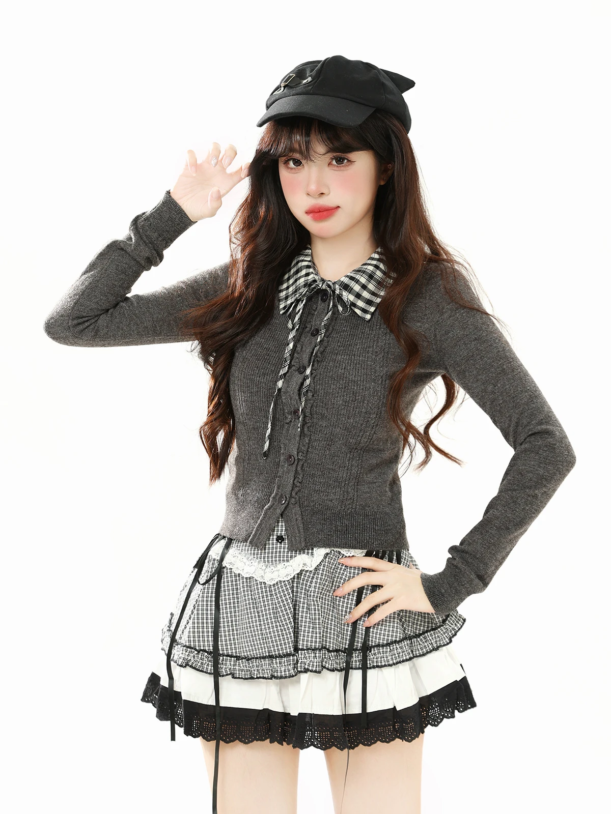 

ENJOG Осенне-зимний вязаный топ в клетку с длинным рукавом, имитация двухслойности, женский, в стиле ретро, для многослойных образов, универсальный, как внутренний слой