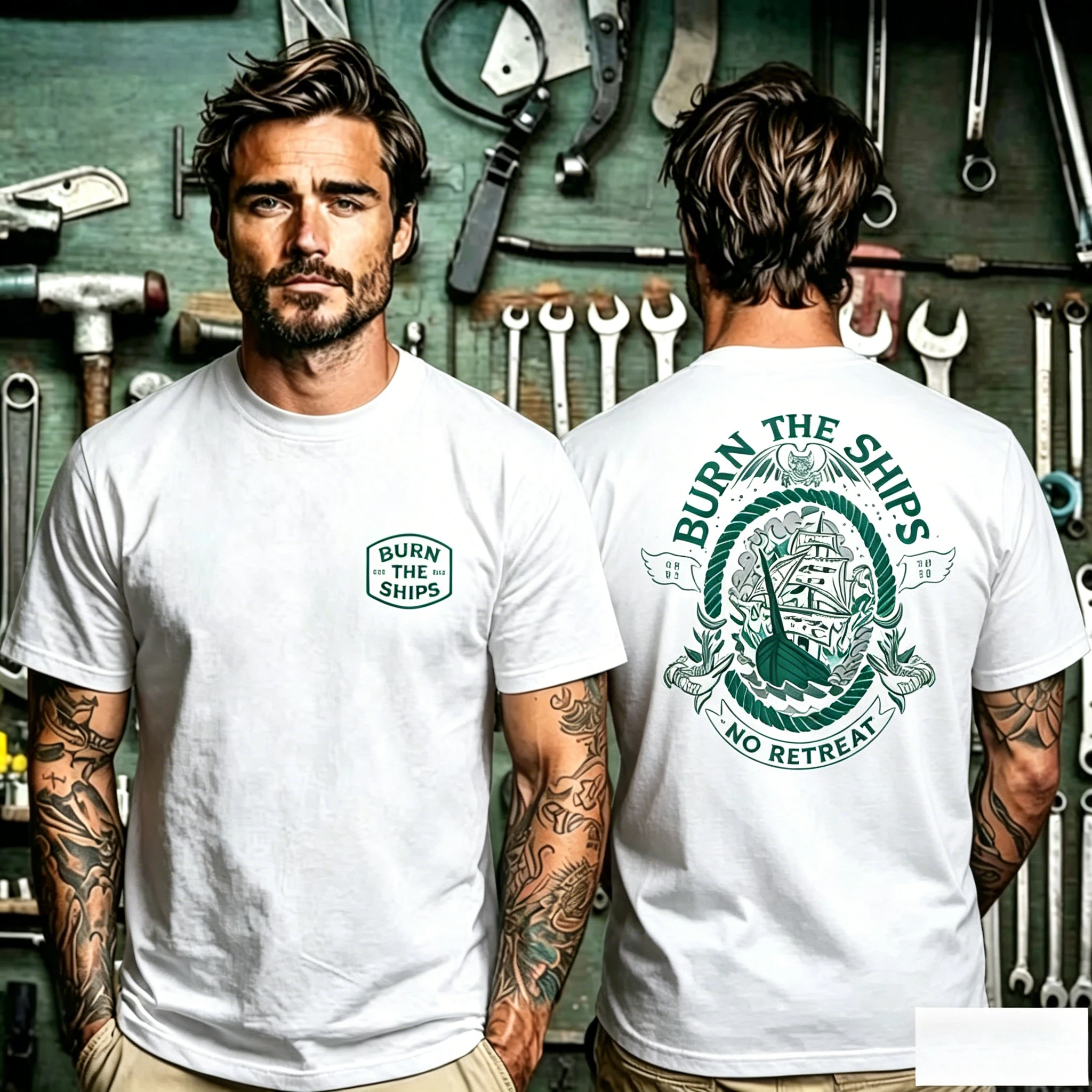 Retro Nautical Trend T Shirt, Small Burn The Ships Hex Badge Front and Burn The Ships Vintage Sailing Ship Totem Art Back Print