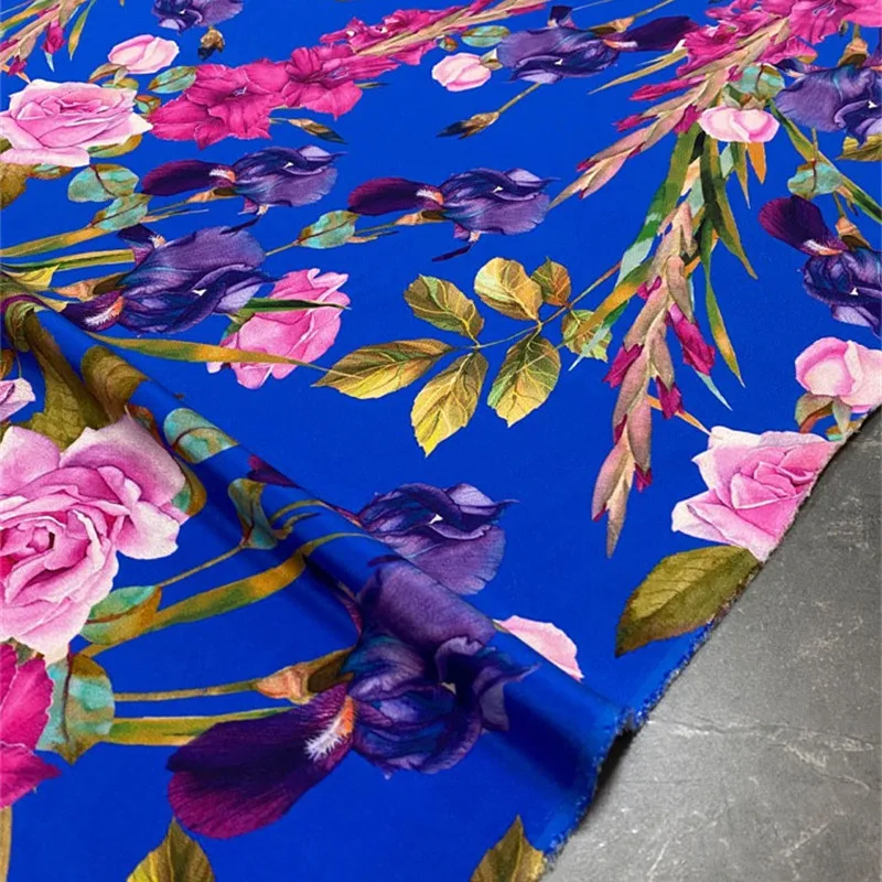 Heavy Crepe 30 Momme Pure Silk Fabric Elegant Blue Bottom Flower Print Wrinkle Resistant and Non Ironing High End Dress Fabric