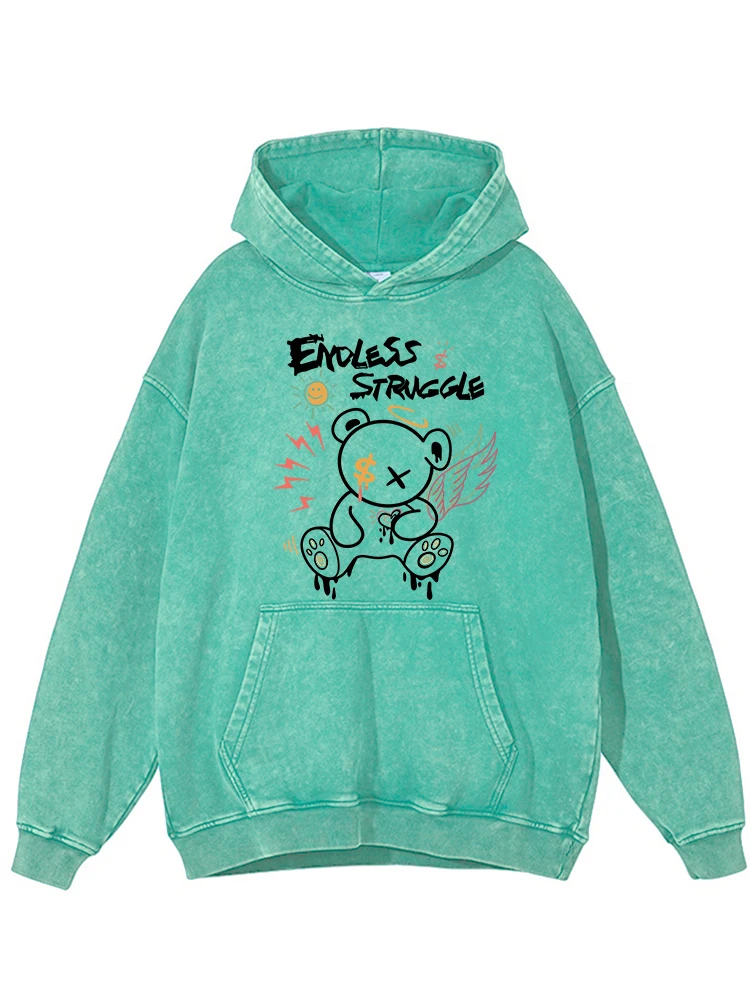 

Graffiti Winged Teddy Bear Printing Female Distressed Washed Hoodies Loose Round Neck Hoody Autumn Warm Cotton Clothing Women