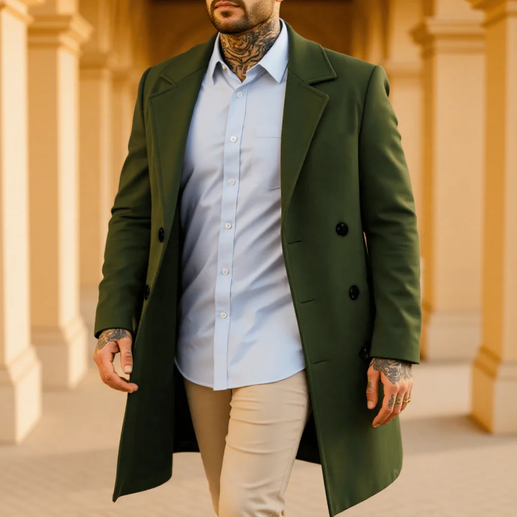 Men’s Elegant Trench Coat: Double Breasted Wool Blend Long Coat, Warm Windproof Autumn Outerwear, Solid Color Outerwear 5 Men's Elegant Trench Coat: Double Breasted Wool Blend Long Coat, Warm Windproof Autumn Outerwear, Solid Color Outerwear 5