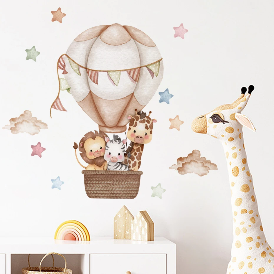 Watercolor Cartoon Hot Air Balloon Aniamls Star Stickers Nursery Wall Decals Art For Baby Kids Room Wholesale Home Decor