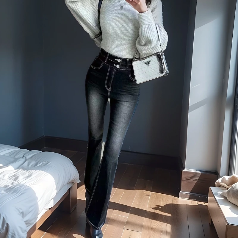 높은 허리 슬리밍 청바지 여성의 편안한 유행 디스트레스 블루 청바지 긴 바지 복고풍 스타일 두 버튼 디자인