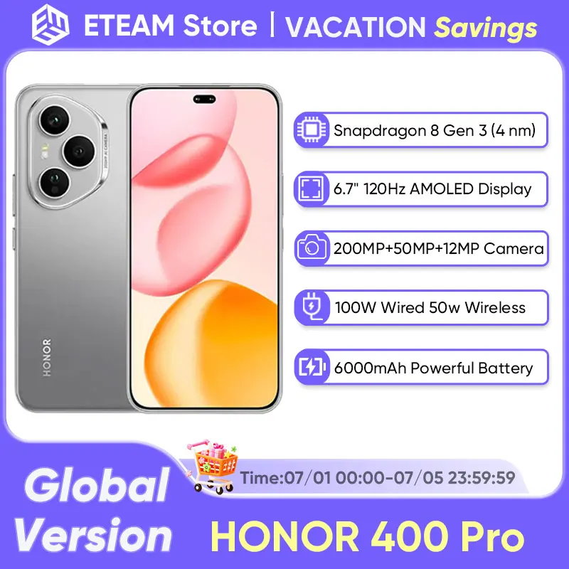 Глобальная версия 2025 Смартфон HONOR 400 Pro 5G Snapdragon 8 Gen 3 6,7-дюймовый AMOLED-дисплей 200 МП 100 Вт Проводной 50 Вт Беспроводной IP68 и IP69