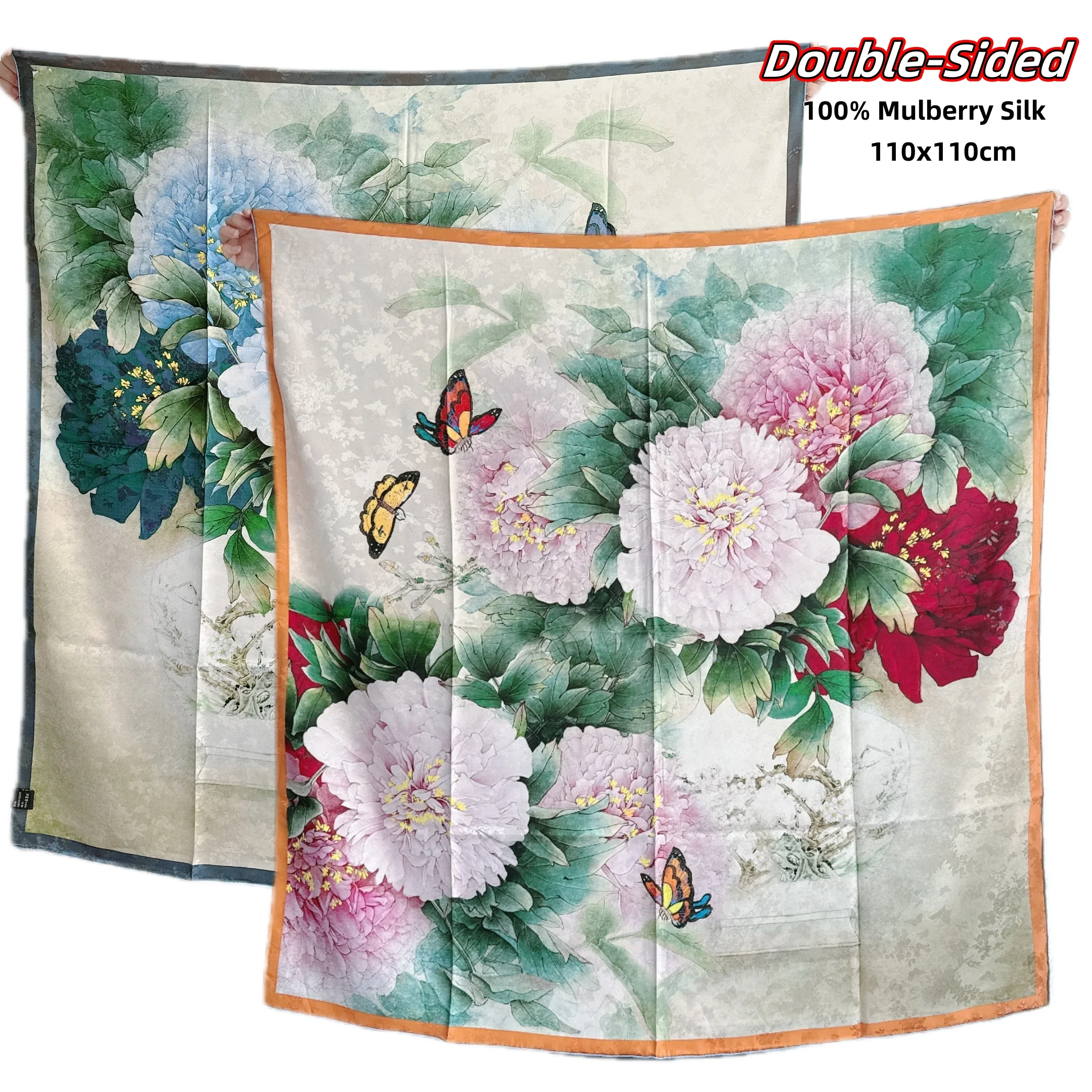 

Double-Sided Peonies Print Chinese Style 100% Silk Scarf 110cm 110cm Large Luxury Women's Square Scarf Hand-Rolled Headscarf