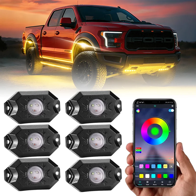 

6 светодиодных RGB-ламп для подсветки, с функцией таймера, музыкальным режимом, многоцветная неоновая атмосферная лампа для музыкального режима с мигающим эффектом, для автомобилей, квадроциклов, UTV, лодок