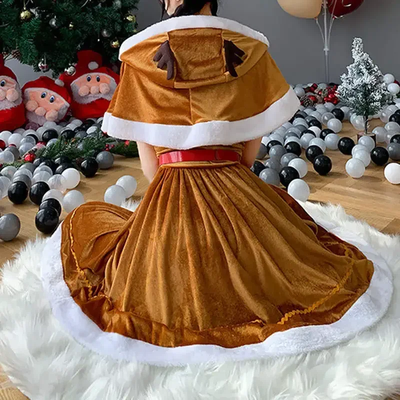 Kerstman Kerst Cosplay Kostuum Vrouwen Hert Bruine Jurk Uniform Hert Elanden Sjaal Capuchon Schattige Outfits Carnaval Verkleden