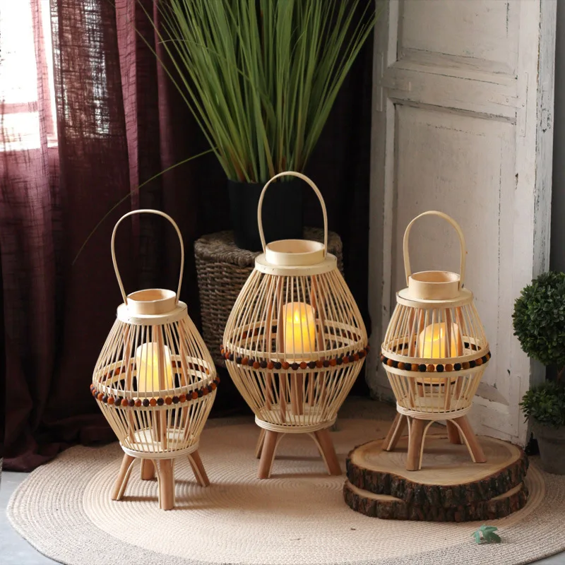 Japanese Style Retro Wind Lantern For Candlestick Decoration Vintage Retro Bamboo Handmade Floor Lantern Night Light Handheld