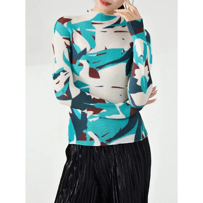 

Miyake Print Pleated T-shirt for Women 2024 Spring Long Sleeves Turtleneck Slim Style Female Chic Top Trendy Clothing Female