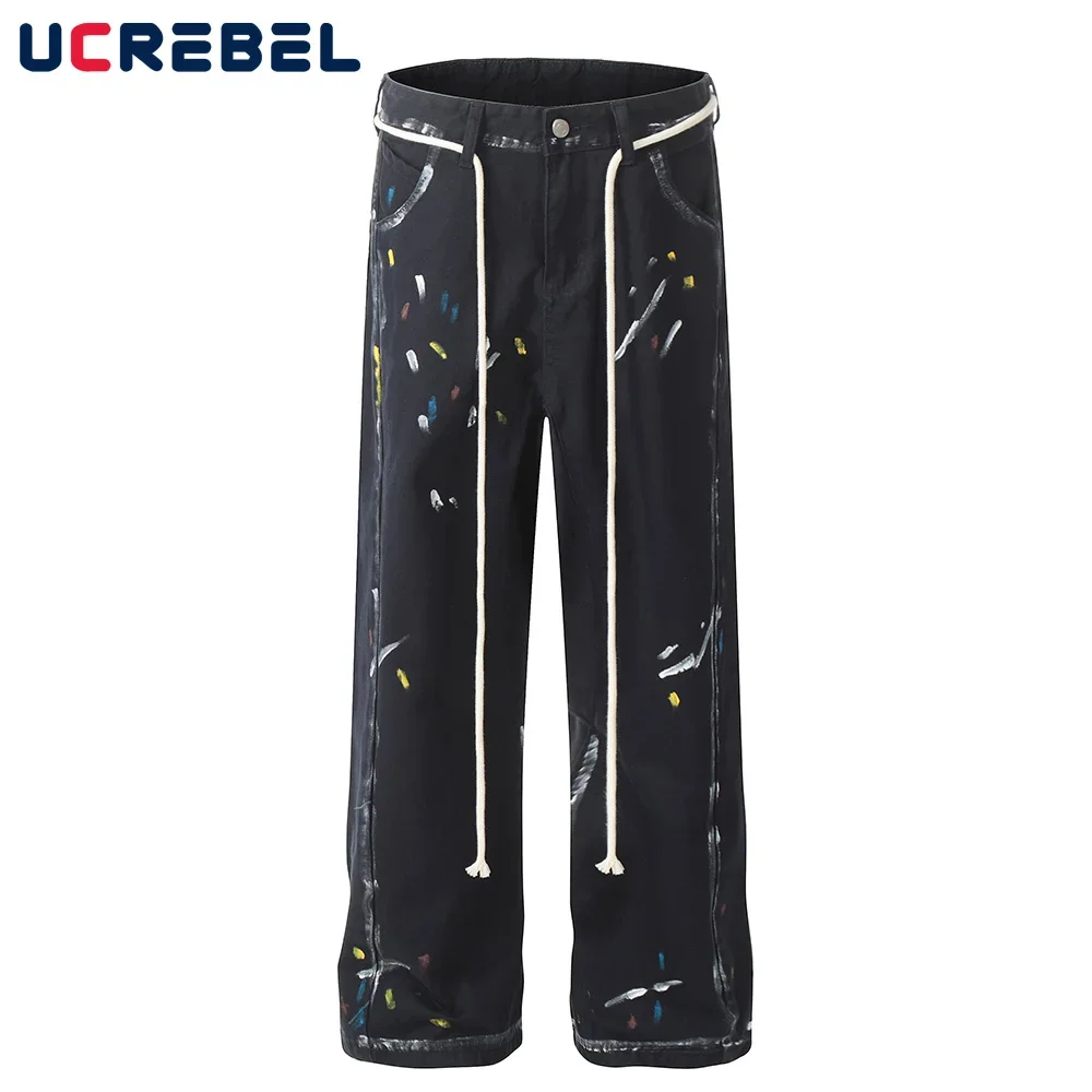 

Graffiti Casual Pants Mens with Belt Hip Hop Streetwear Street Wide Leg Spliced Straight Loose Trousers Men