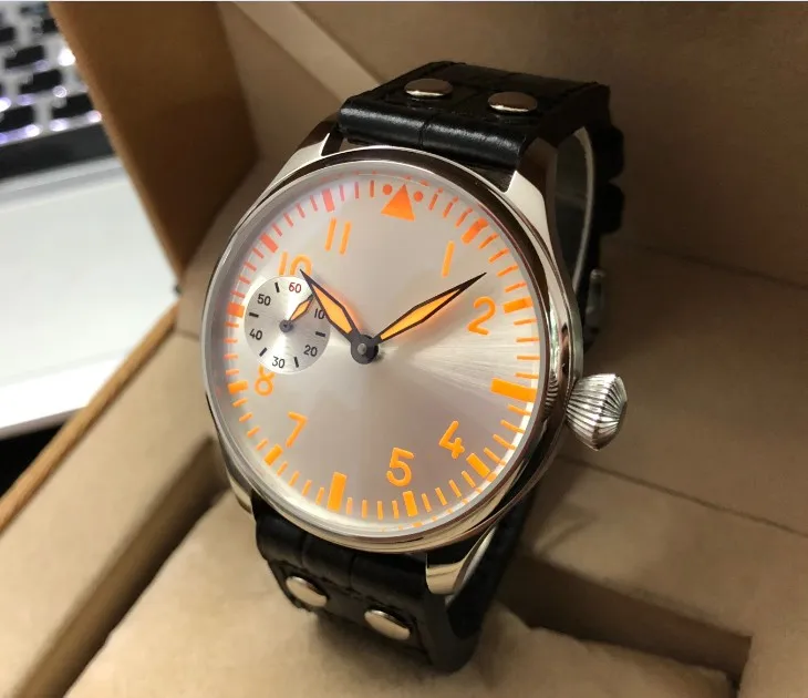 44mm Unlabeled Pilot Series ETA6497 Handrolled Mechanical Movement Retro Orange Silver Night Light Men's Watch