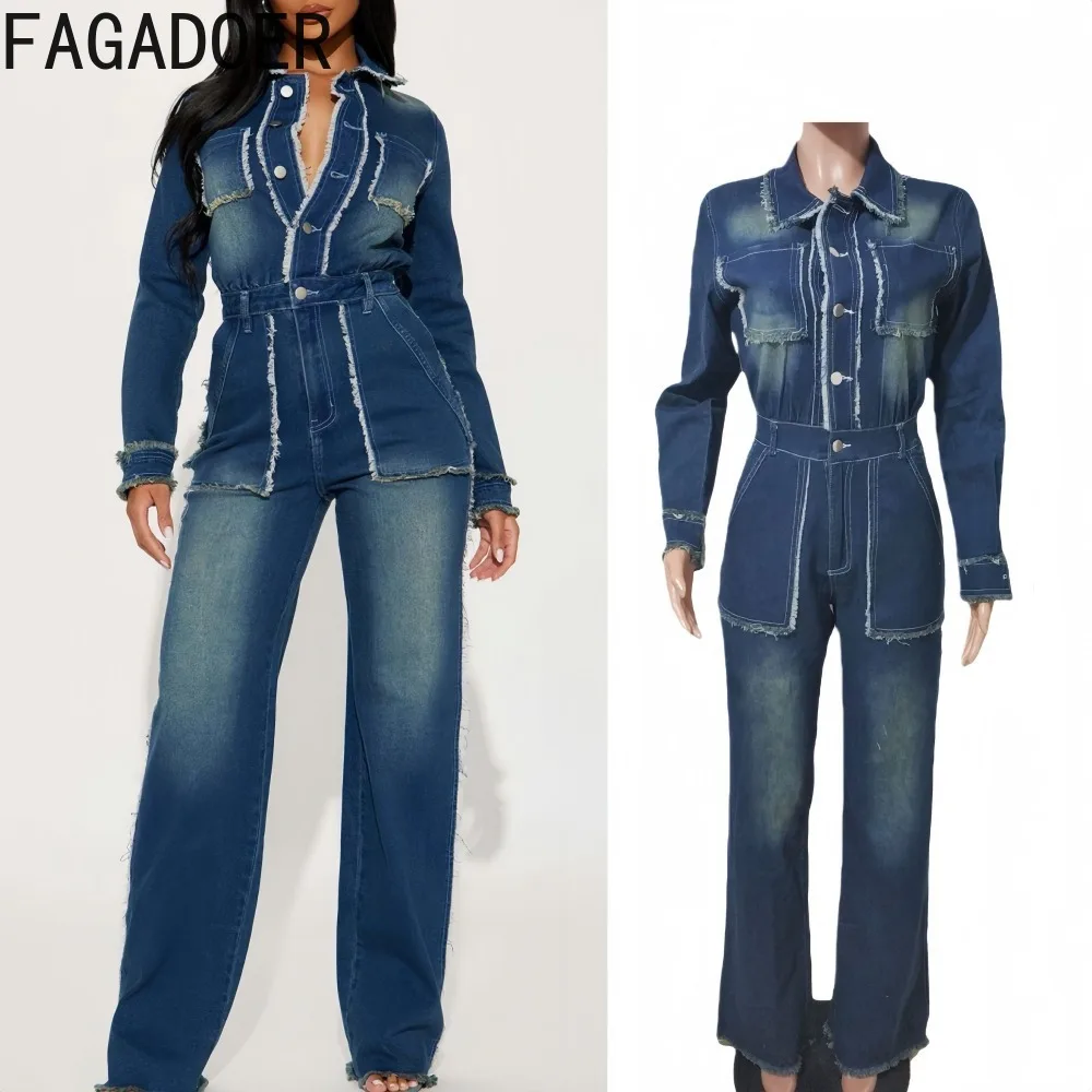 

FAGADOER Fashion Denim Patchwork Jumpsuits for Woman Solid Color Long Sleeves Pocket Rompers Female Streetwear Overalls New
