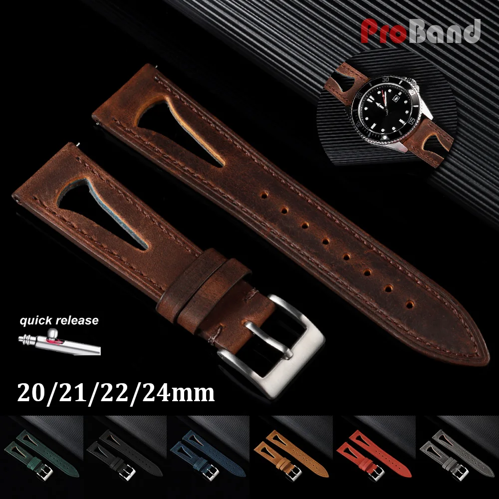 

Ventilation Holes Leather Watch Band 20/22/24mm 21mm Oil Wax Cowhide Watch Strap Universal Retro Bracelet Smartwatch Wristbelts