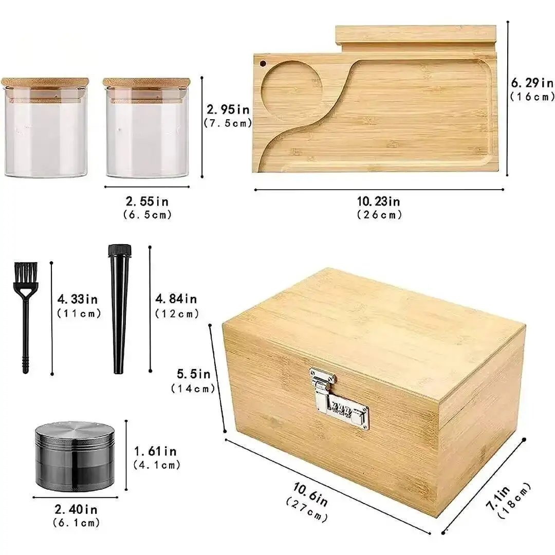 Bamboo Password Lock Storage Box, Large Combination Lock Box with Glass Jars & Herb Grinders, Kitchen Home Organizer Supplies