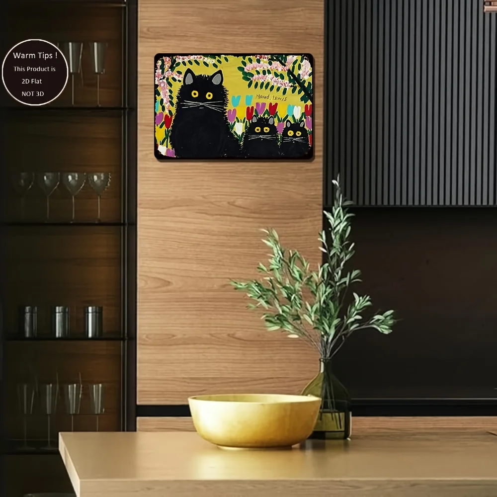Maud Lewis Three Cats Tin Wall Art -  Rustic Iron Metal Sign with Vibrant Floral Design, No Electricity Needed for Indoor/Outdoo