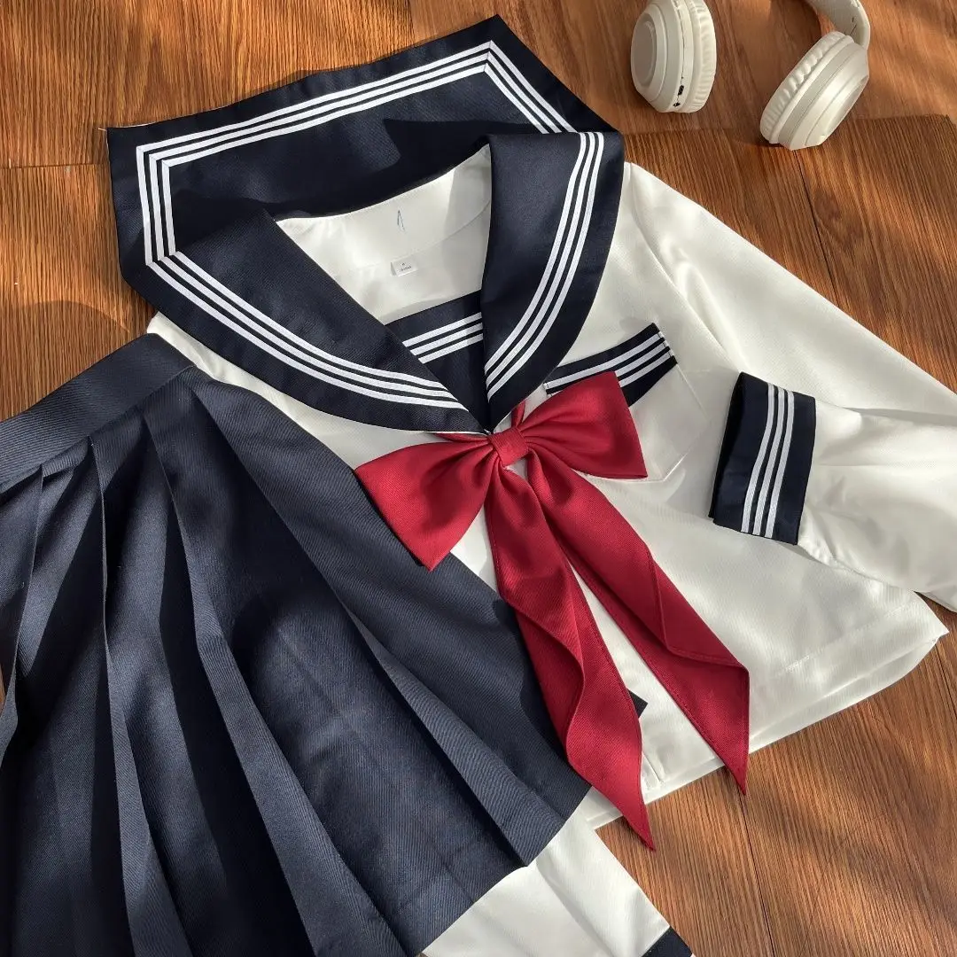 plus Size Traditional Japanese School Uniform Set with White Highlighting Collar for Women Casual Style Four Seasons Polyeste...