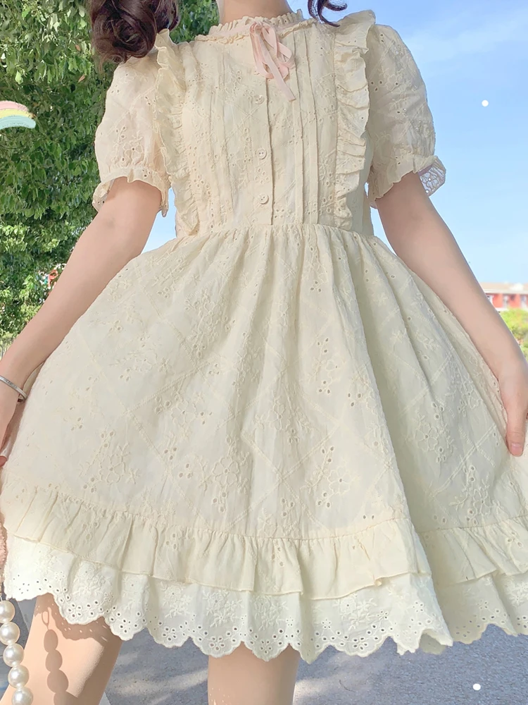 KIMOKOKM Vintage Mori Style Prairie Chic Lolita Ruffled Lace Kawaii Puff Sleeve Bow A-Line Princess Girly Japanese Mini Dress