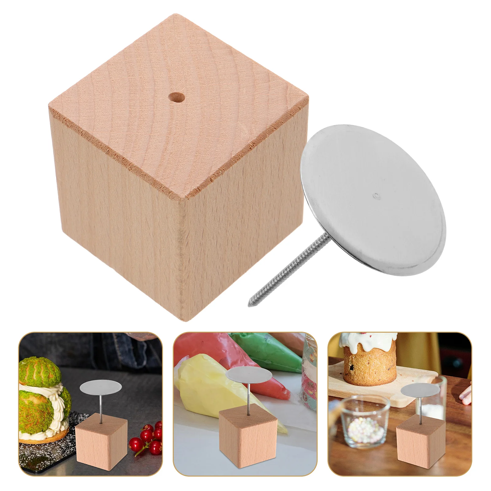 

1 set Baking Flower Nail Base Stainless Steel Wood Display Cake Stand Frosting Tool Placement Table Decorative Home Use