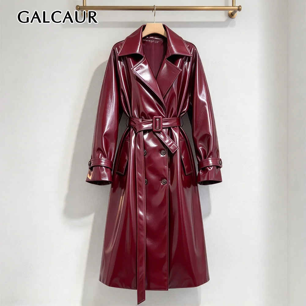 GALCAUR Belted Spliced Pocket Loose Temperament Jacket for Women Lapel Neck Long Sleeve Patchwork Double Breasted Jacket Female