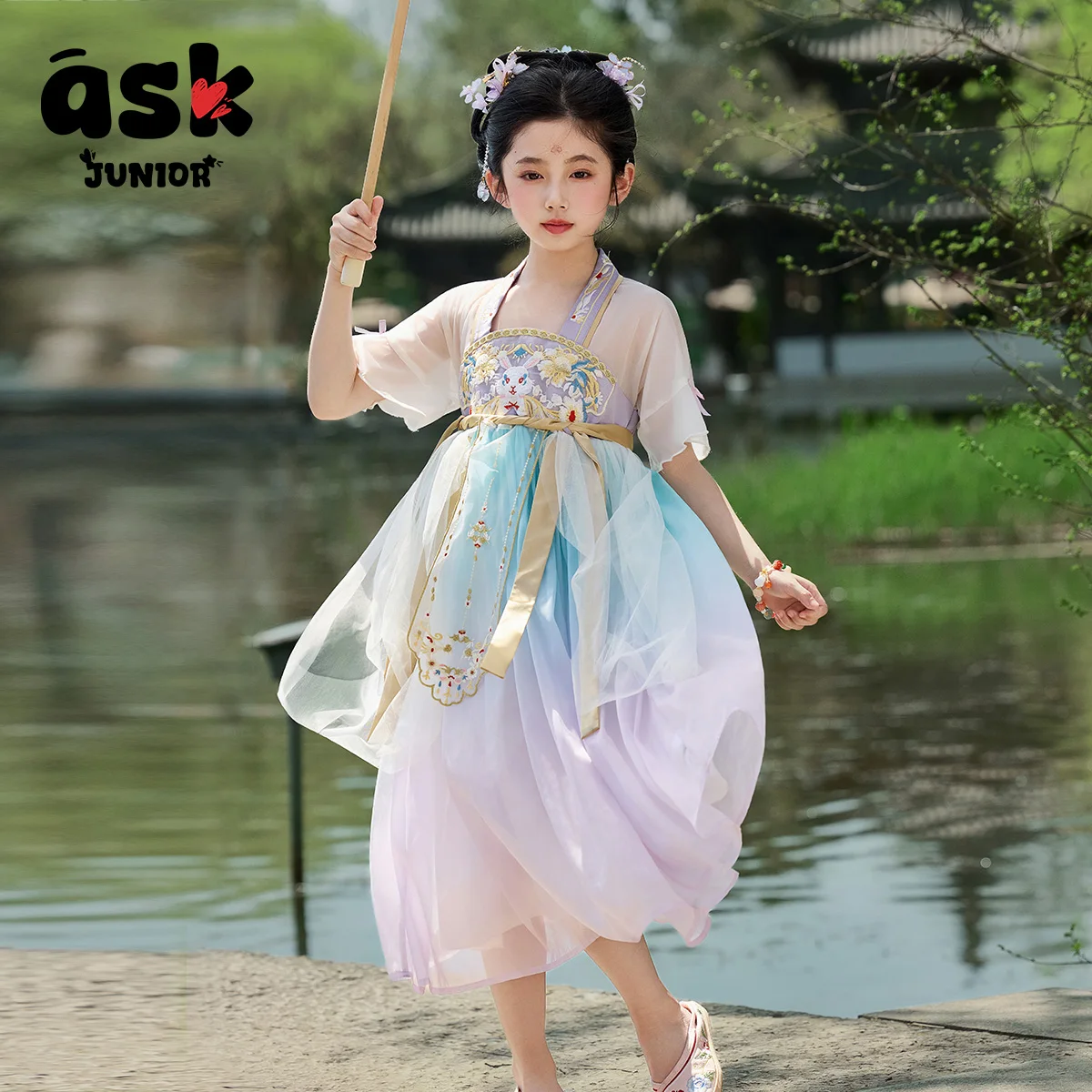 اسأل جونيور النمط الوطني الجديد الصيني هانفو الفتيات الصيف تانغ نمط الطراز القديم سوبر الخالد الأميرة فستان بطول الصدر