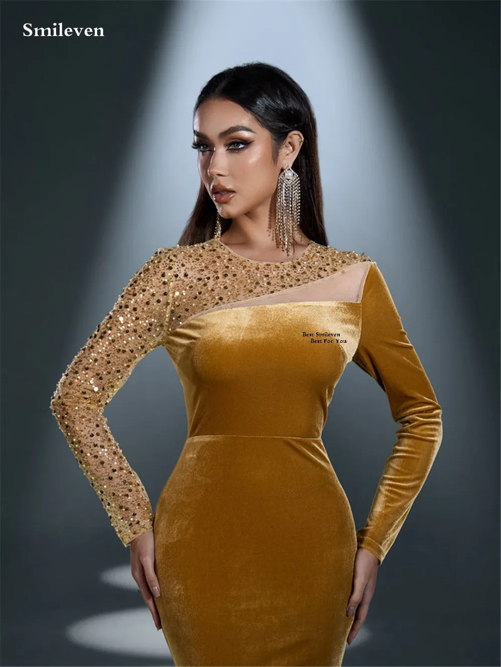 Smileven 高級マーメイドプロムドレス ビーズ装飾 自己修養 スクープパーティードレス ベルベット フルスリーブ オケージョンドレス カスタマイズ 2026