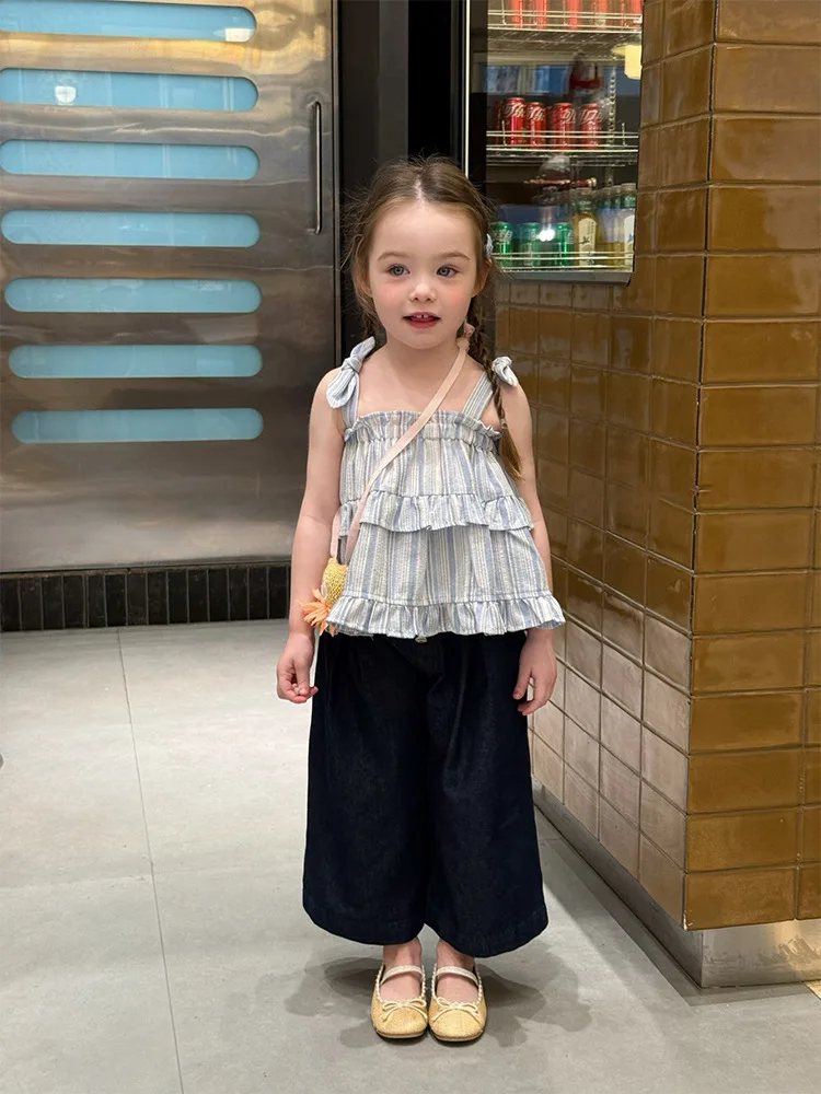 

Girls' Summer Fresh Style Bow Tie Strap Tank Top and Sweet Plaid Top with Wide Leg Pants Set
