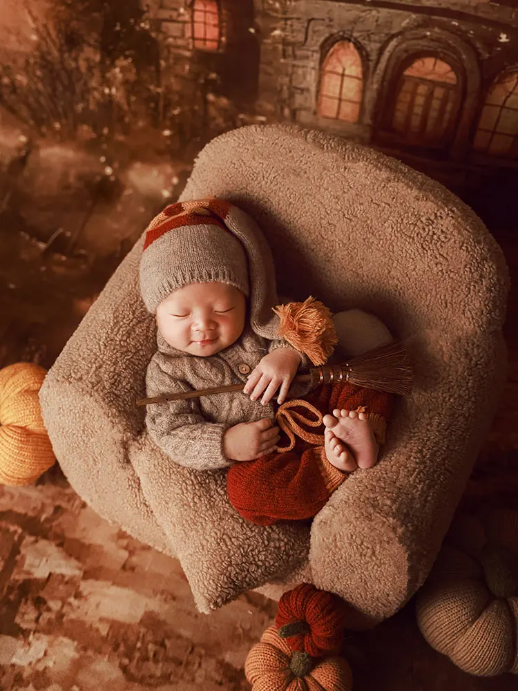 0-1 Month Baby Clothes Wizard Style Newborn Photography Prop Set for Halloween Babies Photoshoot Cosplay Costume with Pumpkin