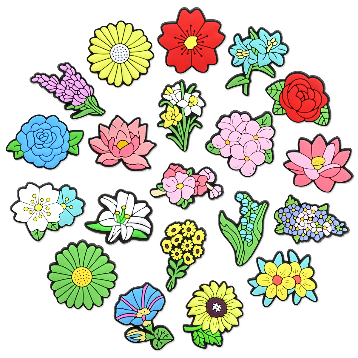 1/20Pcs Set Mixed Colorful Flower Rose Daisy Lotus Rubber Shoe Charms For Slides Sandals DIY Custom Accessories PVC Clog Decor