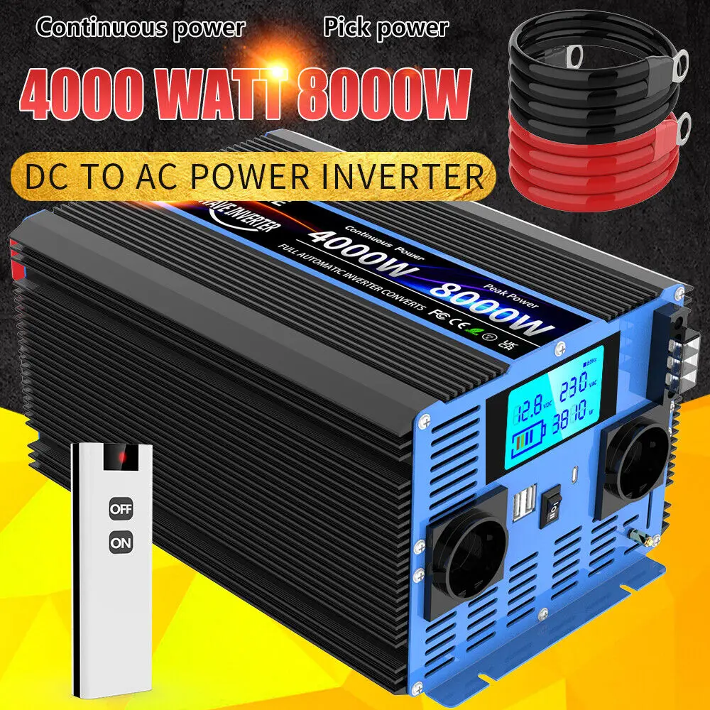 Wechselrichter, reine Sinuswelle, DC 12 V/24 V zu AC 230 V, Transforme-Konverter, Solar-Wechselrichter mit LCD-Display, USB, Fernbedienung