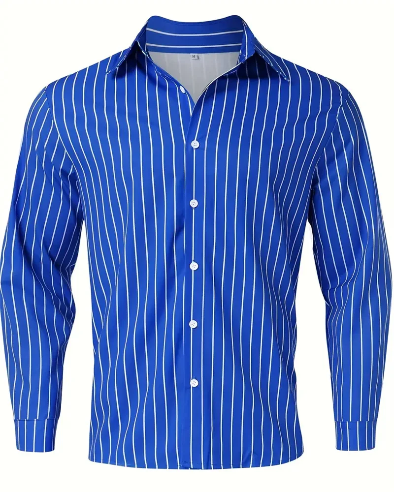 Men\'s Fashion Loose Striped Pattern Shirt, Casual Breathable Lapel Button Long Sleeve Shirt Top Comfortable Soft Fabric 6XL