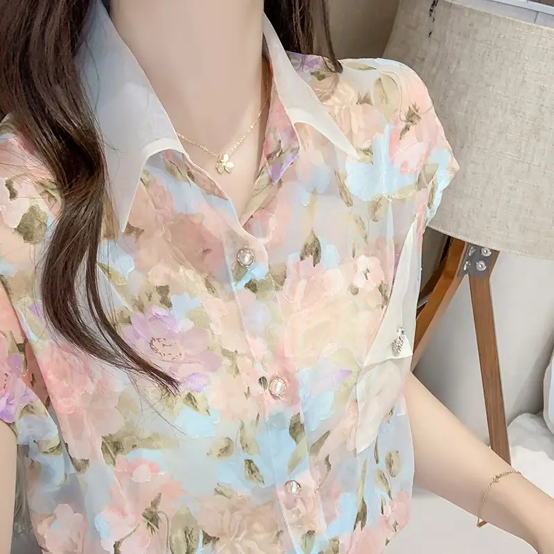 Summer New Floral Chiffon Blouse Short Sleeve Thin Polo Neck All-match Printing Sweet Shirt Tops Fashion Elegant Women Clothing