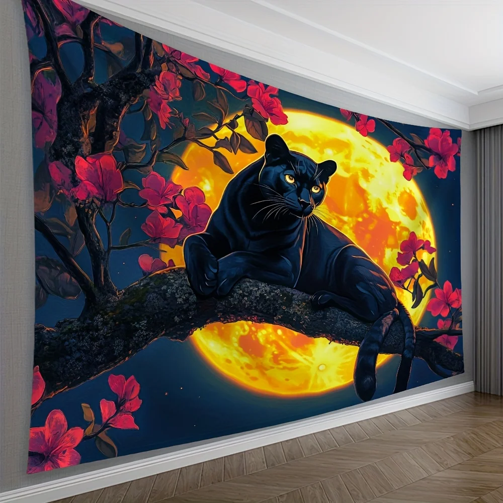 Tapiz de pared plano 2D de pantera negra y jungla, pantera negra grande en rama con flores rojas y cielo nocturno de luna llena, africano