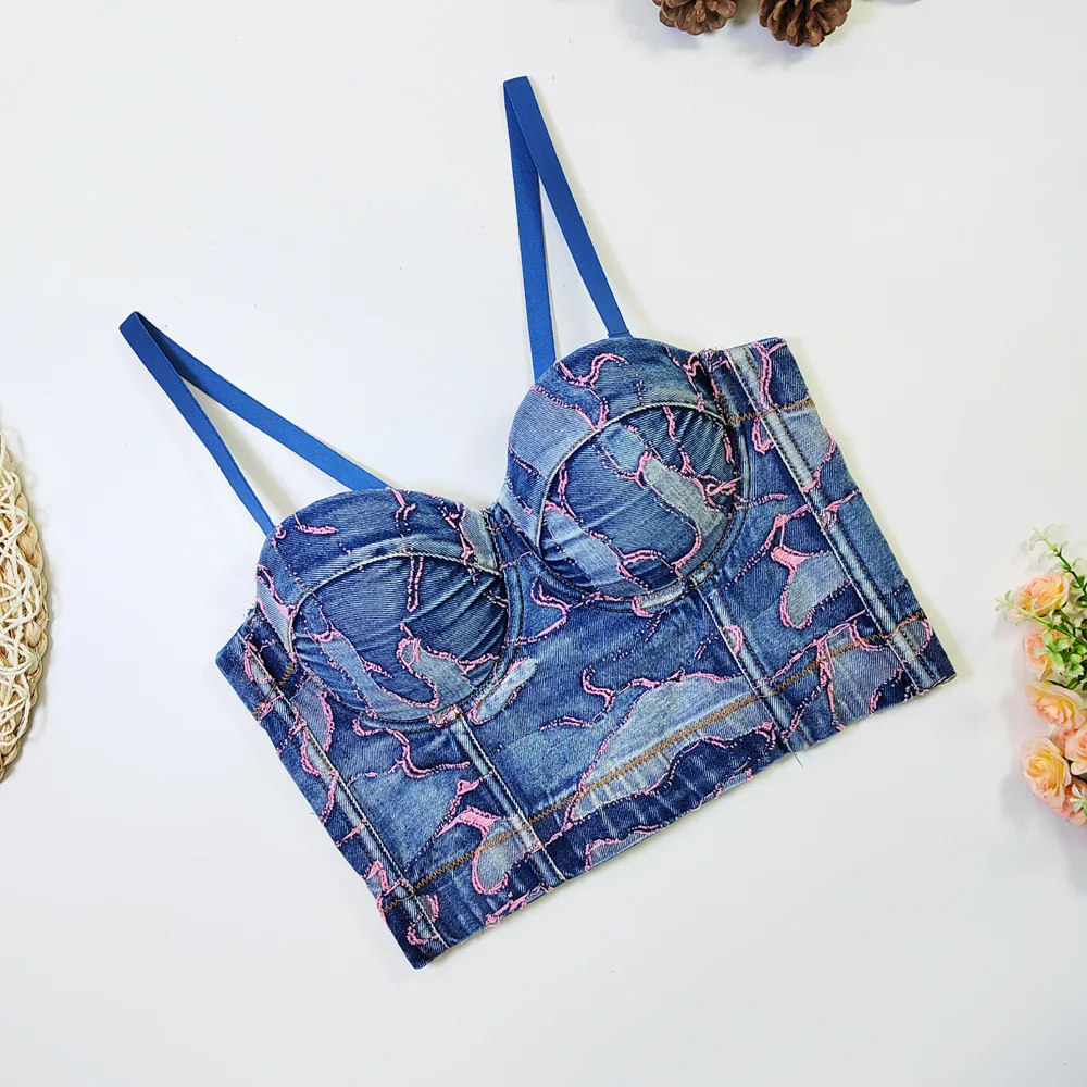 New Arrival Retro Denim Bralette Print Bra Top for Women with Fish-bone European and American Style Summer Wear Jean Strap Bra image 4