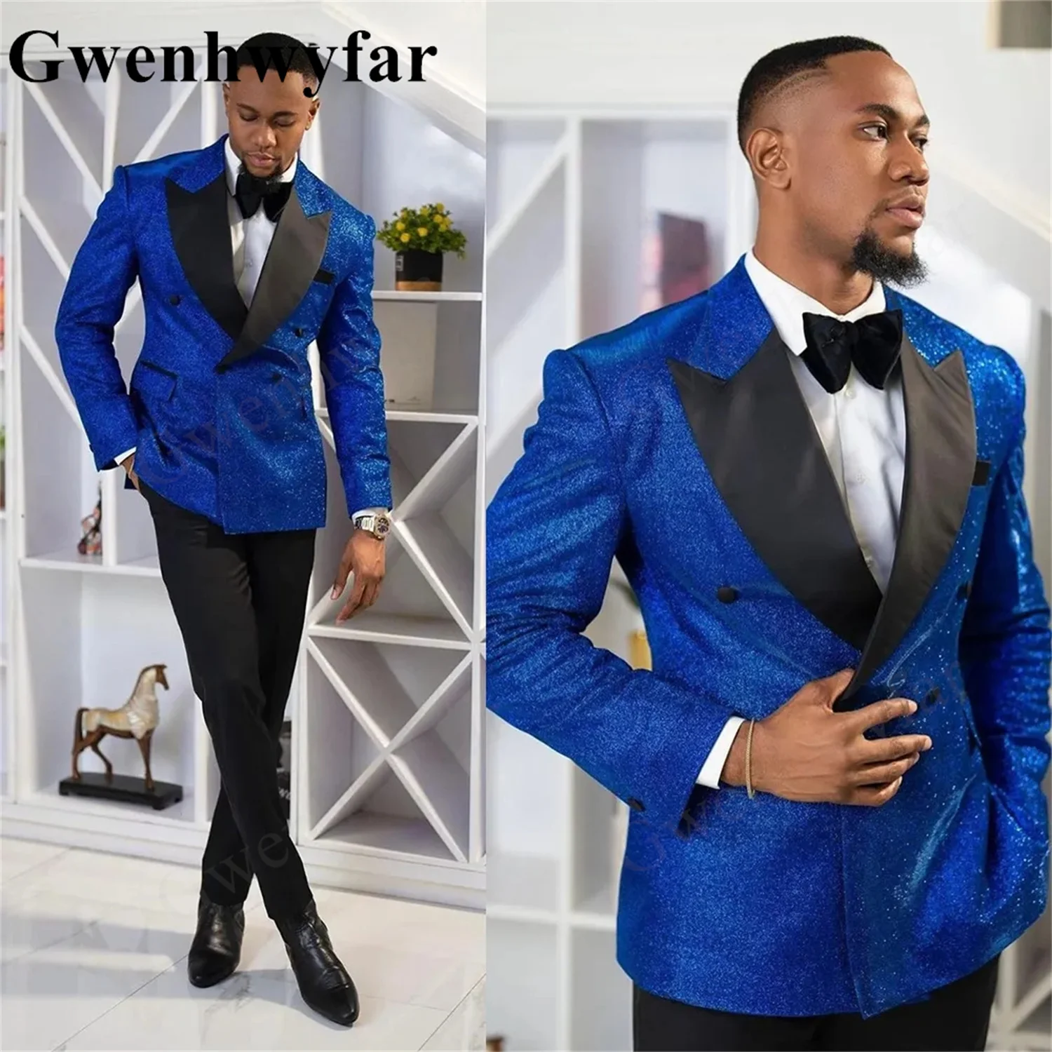 

Gwenhwyfar Men's Royal Blue Bright Sprinkling Fabric Suits Tailored 2 Pieces Blazer Pants Double Breasted Peaked Lapel Wedding