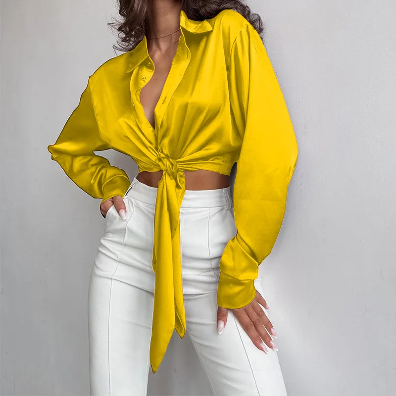 Red Spring Autumn Women's Polo Neck Long Sleeve Leaky Umbilical Short Crop Shirt Elegant Yellow Button Lace Up Top Sexy Blouse