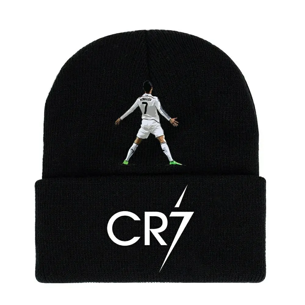 كرة القدم كريستيانو رونالدو CR7 مطبوعة محبوك قبعة سوداء الخريف/الشتاء عادية الرجال والنساء نزهة يومية تنوعا قبعة دافئة