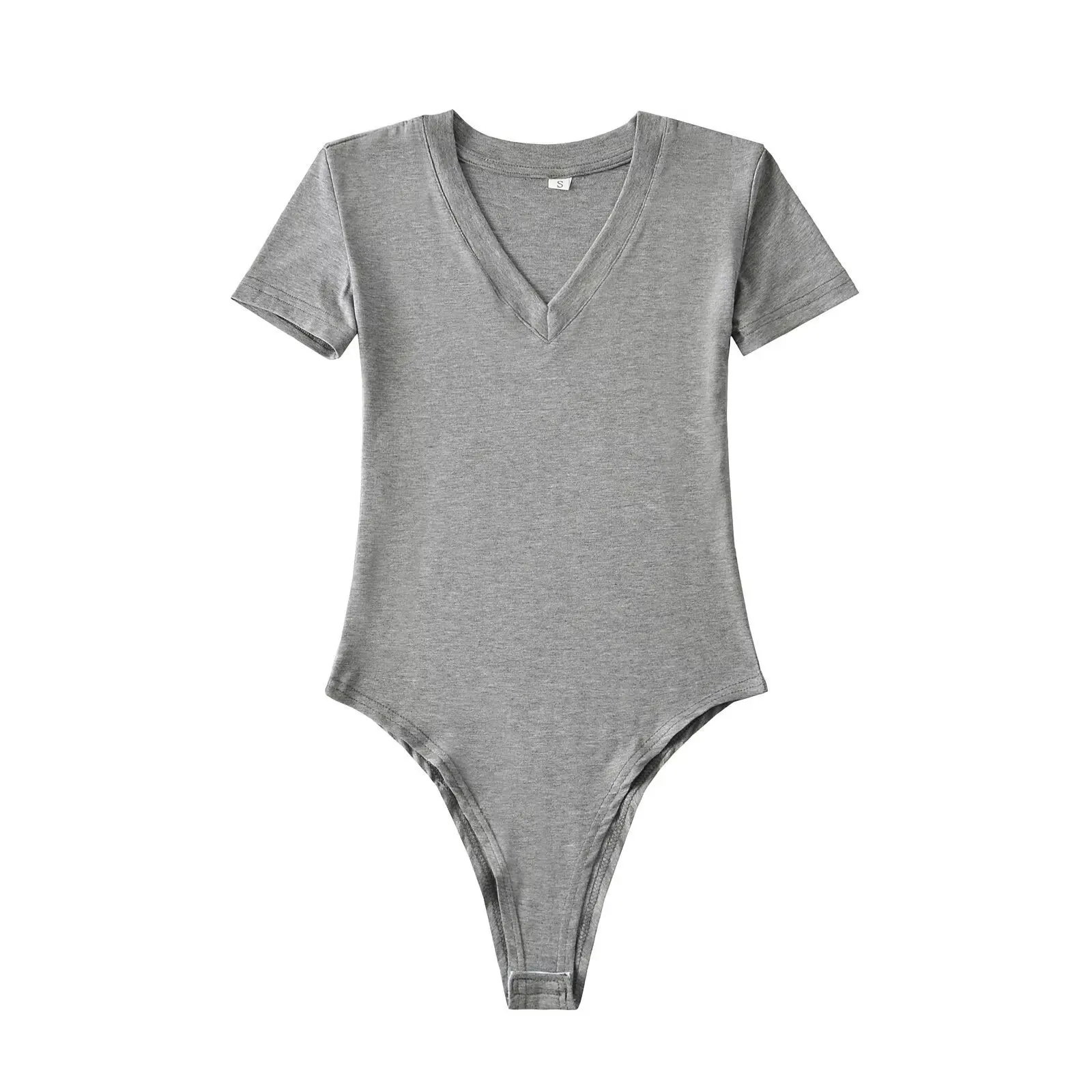 

Summer Short Sleeve V-neck Knit Bodysuit Women Stretchable Slim Basic Tops Elastic Jumpsuits