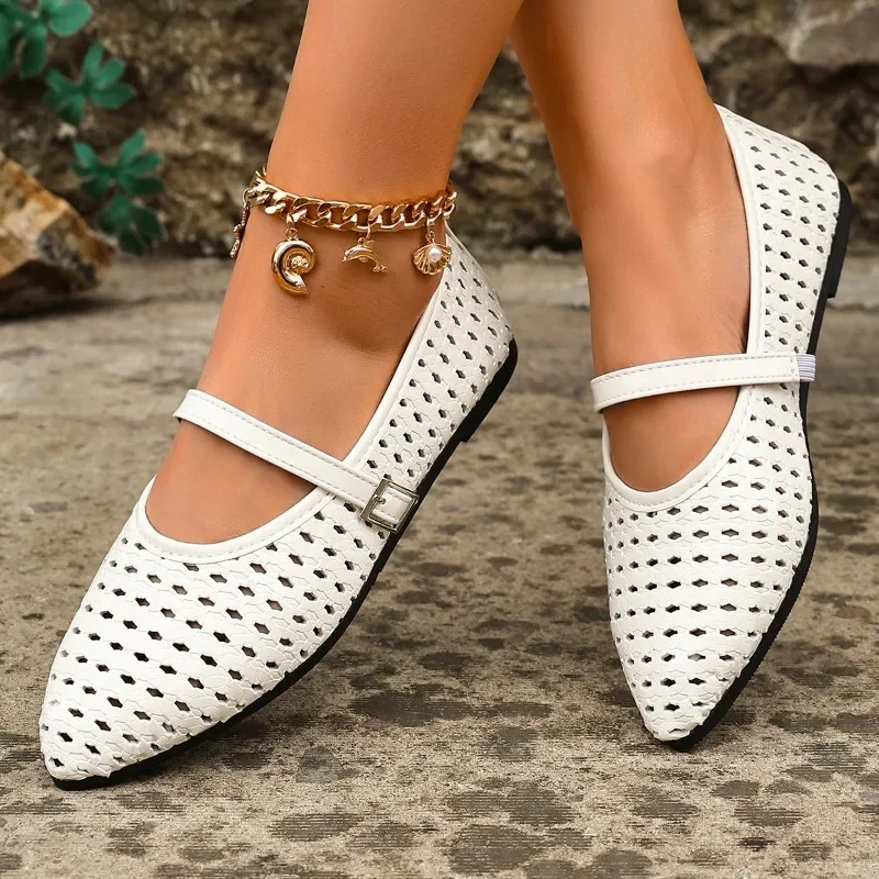 Women Flats Hollow Out Weave Mary Janes Shoes Women Breathable Summer Flats Shoes Ladies Elegant Loafers Lightweight Sandals
