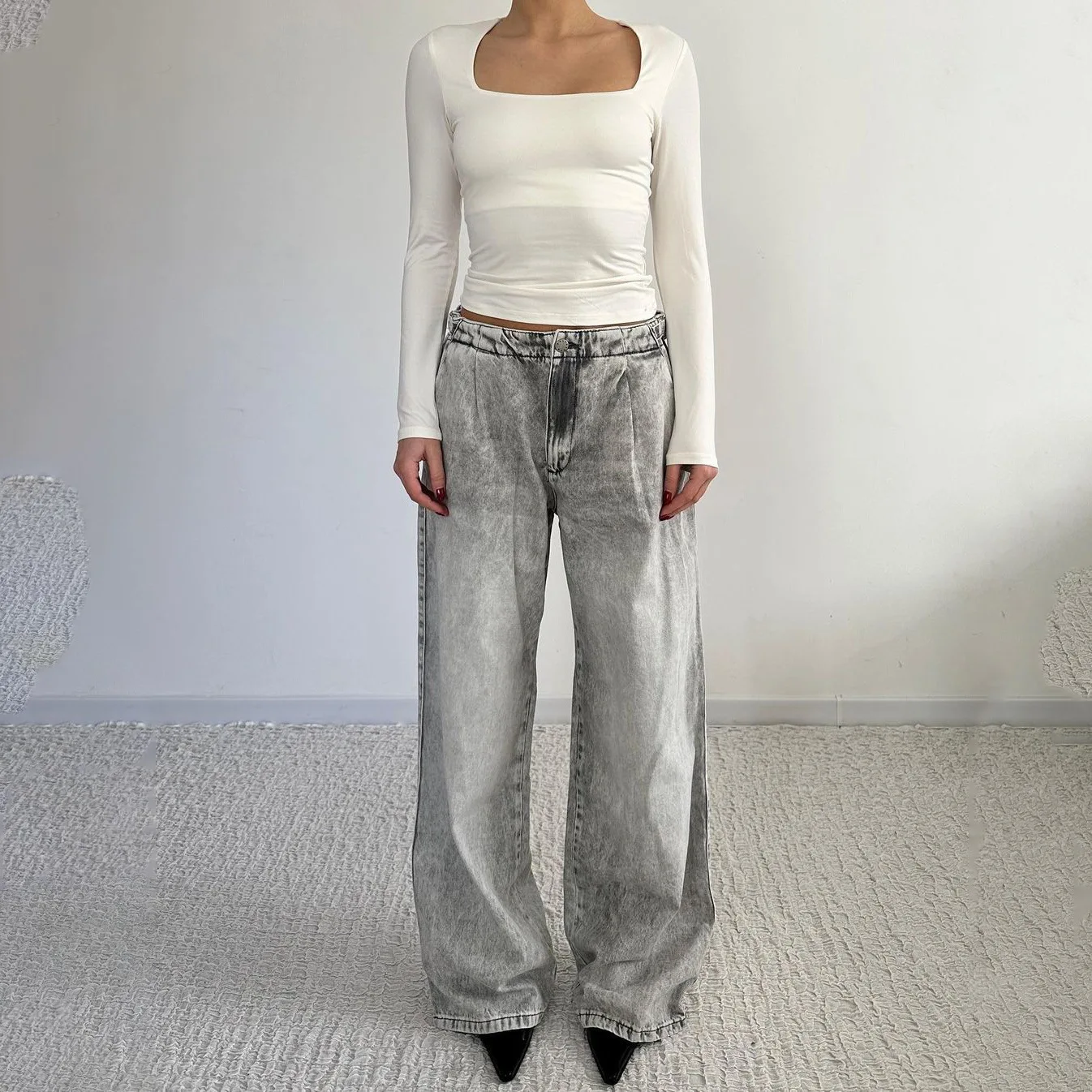 

American Distressed Low Waist Jeans Retro Washed Gray Straight Leg Denim Pants Fashion High Street Women Autumn Trousers