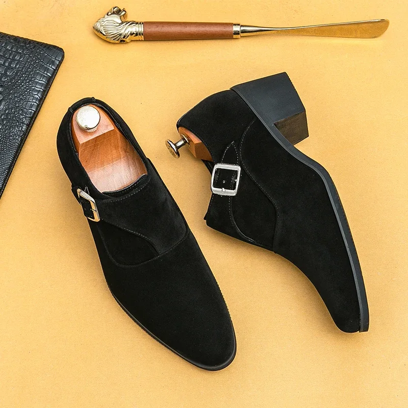 Man 6CM Height Increasing Platform Pointed Toe Business Dress High Heel Shoes Buckle Decorated Men Office Oxfords Big Size 37-46