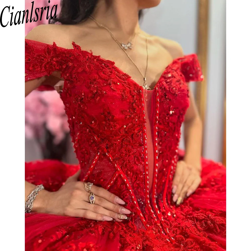 

Luxury Red Princess Ball Gown Quinceañera Dresses Beads Flowers Appliques Crystal Birthday Party For 15th Girls Customized